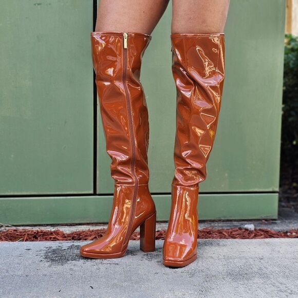 Shoes - Women's Tan Thigh High Over the Knee Boots Chuncky Heel